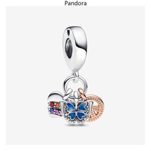 Pandora Two-Tone Rainbow Heart, Butterfly & Peace Triple Dangle Charm